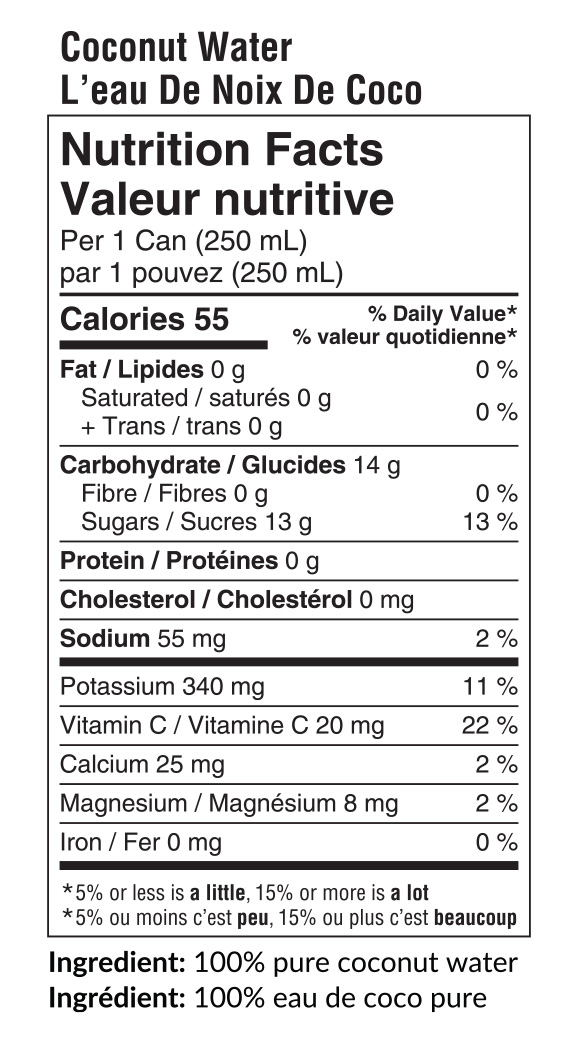 BC Orchard Coconut Water Nutrition Label