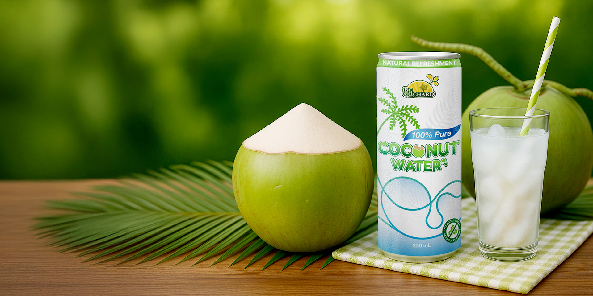 BC Orchard 100% pure coconut water—natural refreshment from young coconuts.